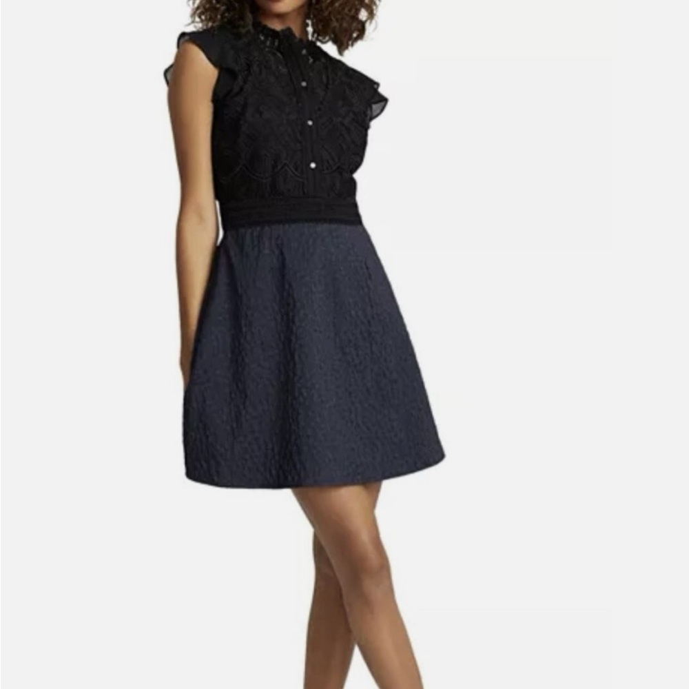 Reiss Hazel Dress (S). Black Lace and Navy Fit & Flare